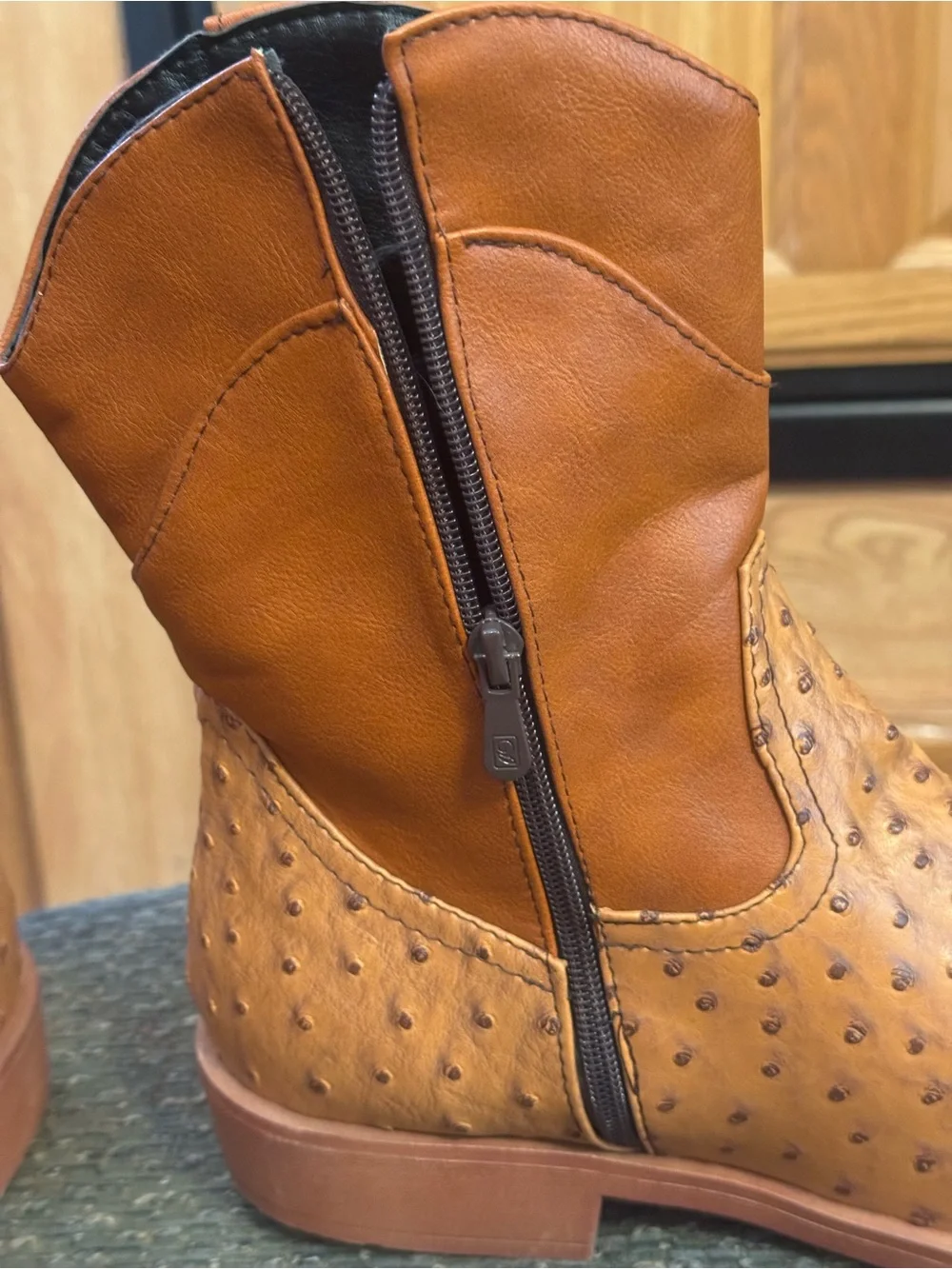 Dahongma Fashion Brown Round Toe Ostrich Pattern Women’s Zip Up Western Boots - Picture 15 of 15